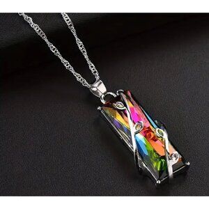 New! Iridescent Crystal Pendant Necklace With Silver-Plated Chain